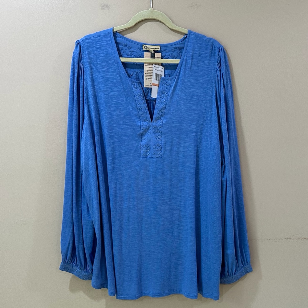 Democracy Women 2X Blouse Blue Embroidered Boho Peasant Long Sleeve Top - Picture 1 of 8